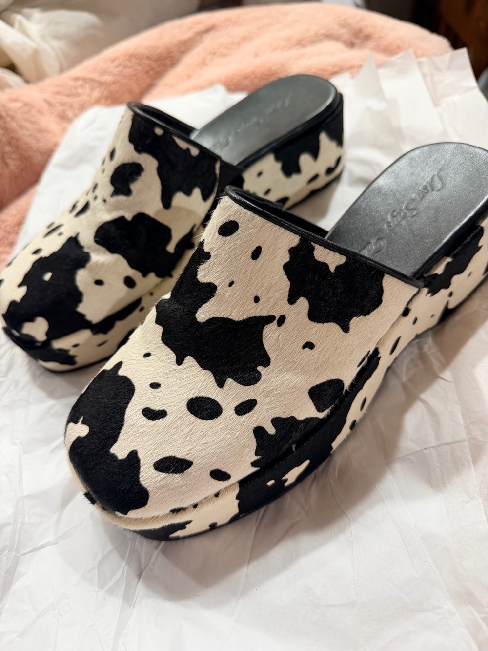 Lisa Says Gah Cow Print Faux Hair Platform Mules Clogs Shoes 9.5 SOLD OUT